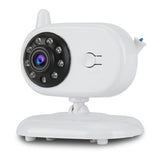 Stylish white baby monitor camera with night vision features, placed on a stable base.