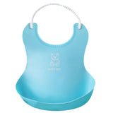 Blue silicone baby bib by Baby Bliss Haven, showcasing a charming bear graphic and comfortable fit, ideal for messy mealtimes.