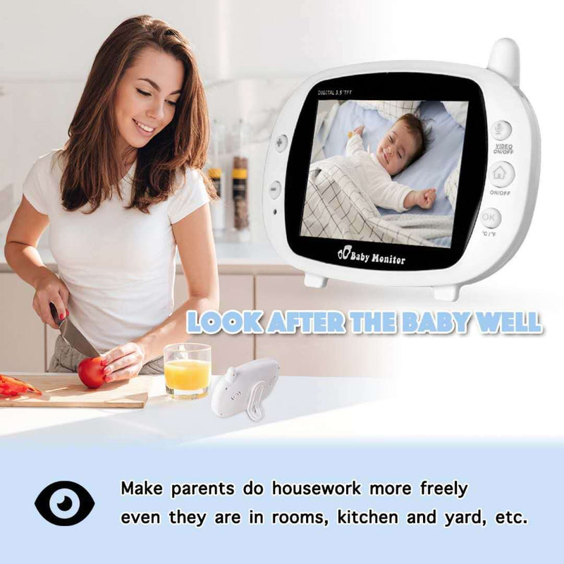 Image of a woman using a baby monitor in the kitchen while her baby sleeps.