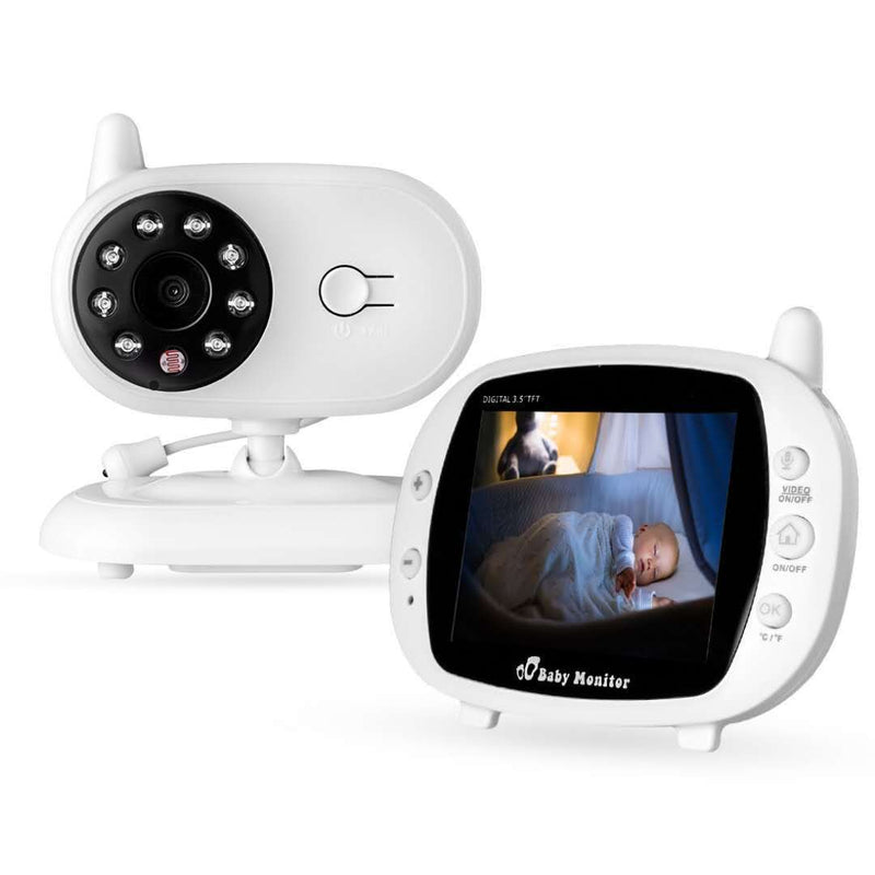 3.5 inch baby monitor with a camera and display screen, showcasing night vision capabilities.